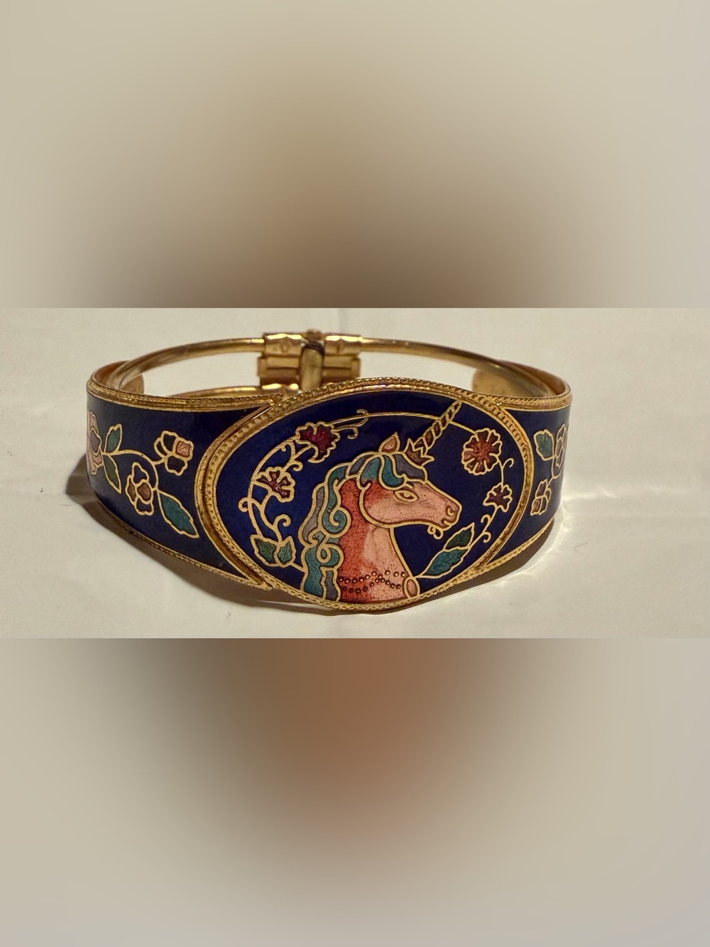 Rare Vintage Gold-Tone Navy Enamel Unicorn Cuff Bracelet 1980s
